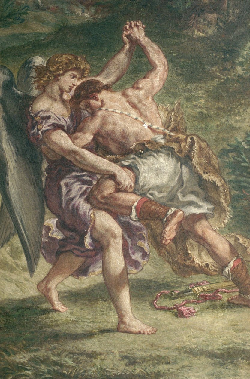 Kamp mellan Jakob och ängeln, detalj, chapelle des Saints-Anges, 1850-61 (olja och vax på gips) (se även 59927) av Ferdinand Victor Eugene Delacroix