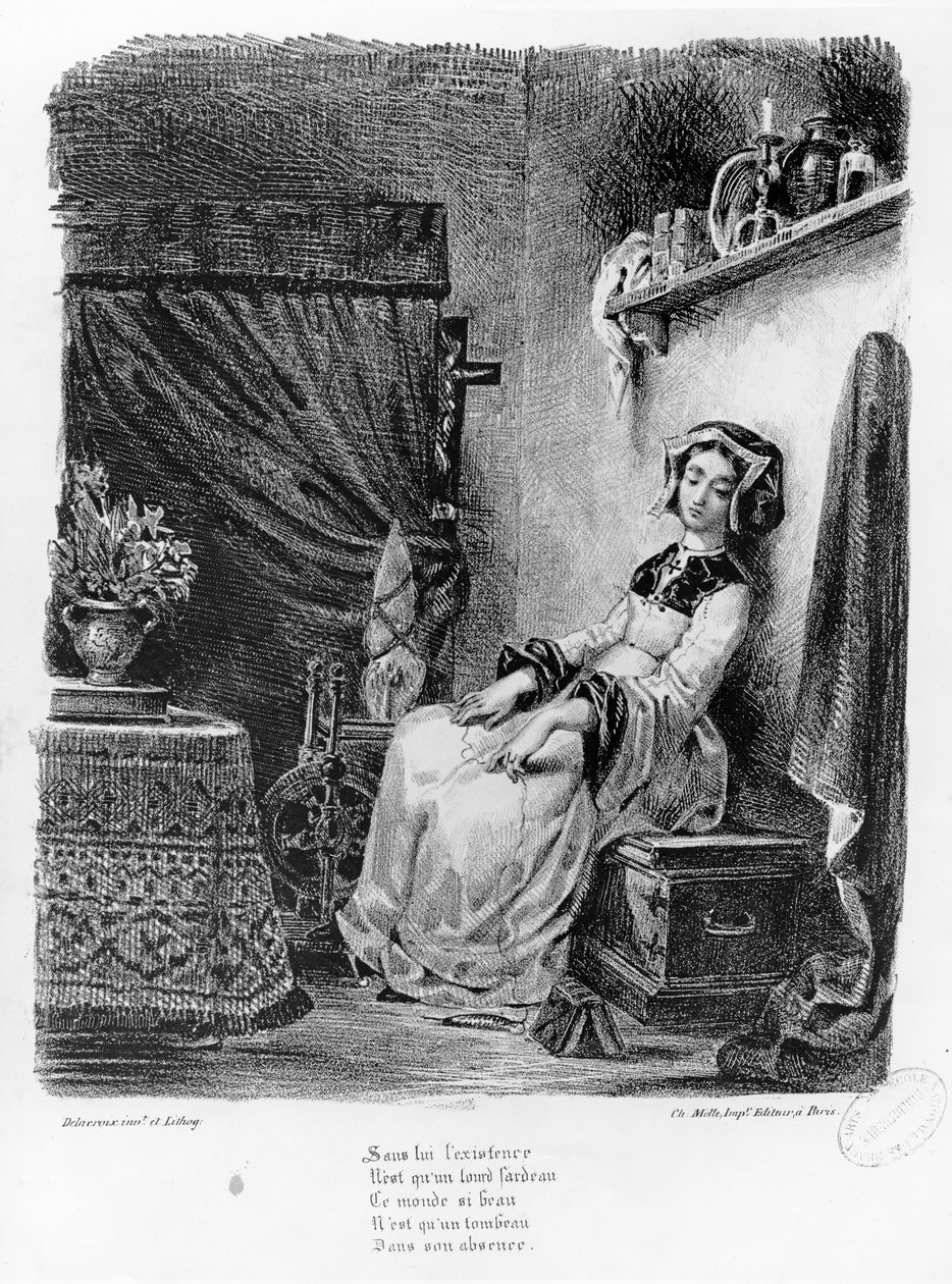 Marguerite in her Room, från Goethes Faust, (illustration), (bw foto av litografi) av Ferdinand Victor Eugene Delacroix