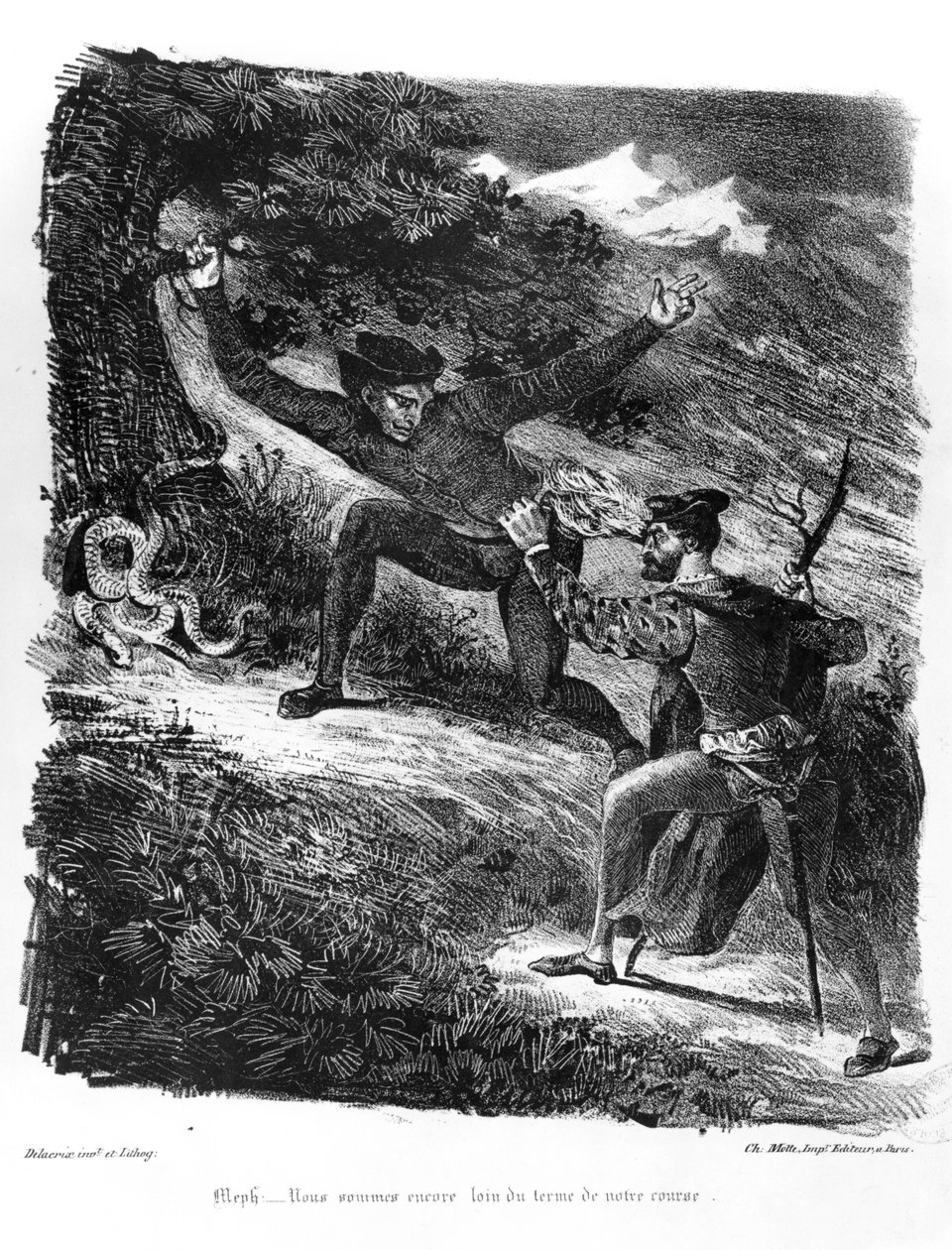 Mephistopheles och Faust på väg till sabbaten om natten, Illustration för Faust av Goethe, 1828 (bw foto av litografi) av Ferdinand Victor Eugene Delacroix