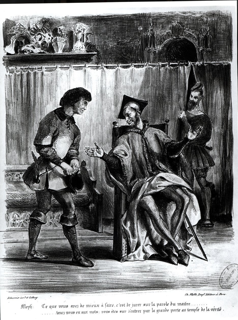 Mefistofeles och eleven, från Goethes Faust, (illustration), (bw foto av litografi) av Ferdinand Victor Eugene Delacroix