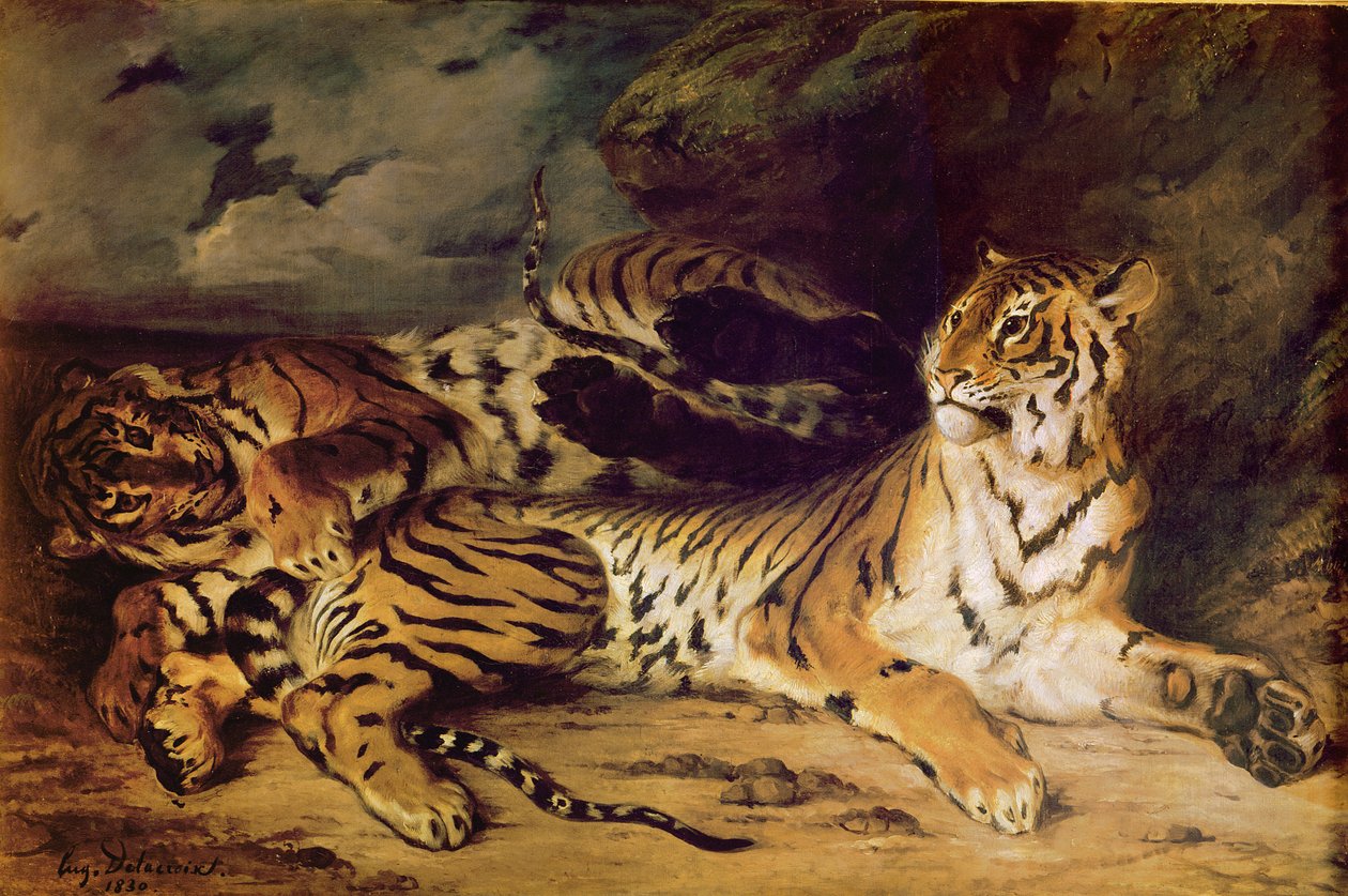 Ung tiger leker med sin mamma, 1830 av Ferdinand Victor Eugene Delacroix