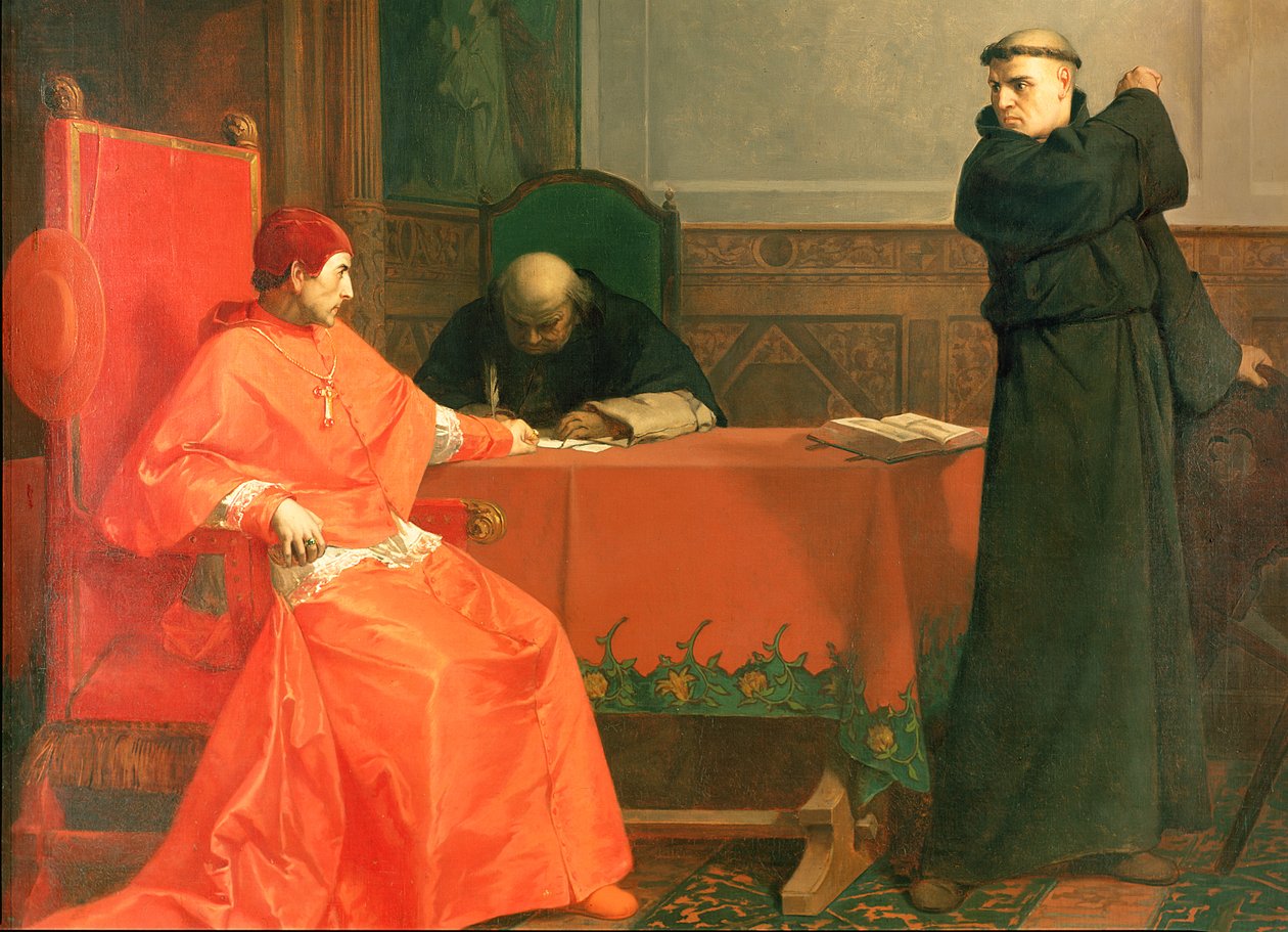 Luther framför kardinal Cajetan under kontroversen av hans 95 teser, 1870 av Ferdinand Wilhelm Pauwels
