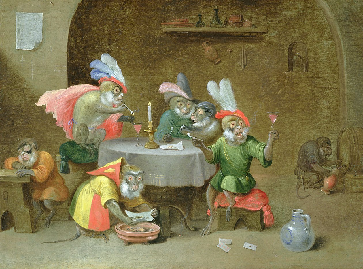 En kroginredning med apor som dricker och röker (olja på koppar) av Ferdinand van Kessel