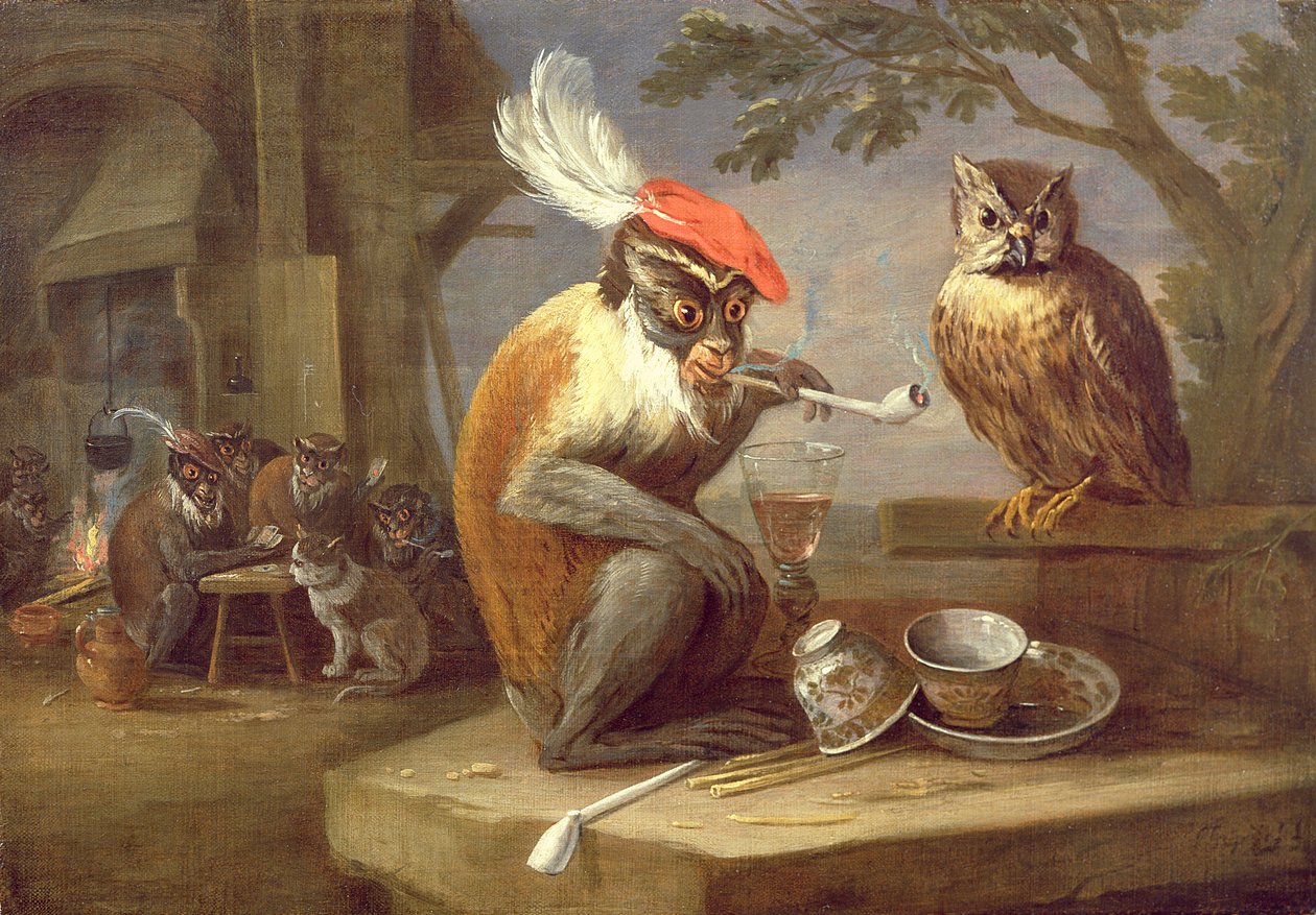 En apa som röker och dricker med en uggla av Ferdinand van Kessel