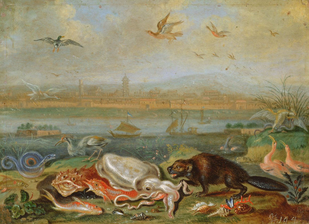 Varelser från de fyra kontinenterna i ett landskap med utsikt över kantonen i bakgrunden (olja på koppar) av Ferdinand van Kessel