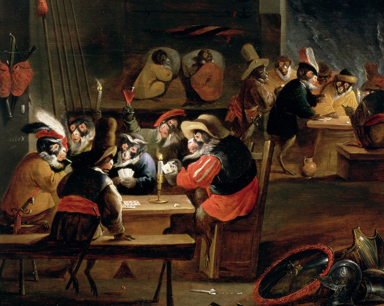 Monkeys in a Tavern, detalj av kortspelet (detalj av 64505) av Ferdinand van Kessel