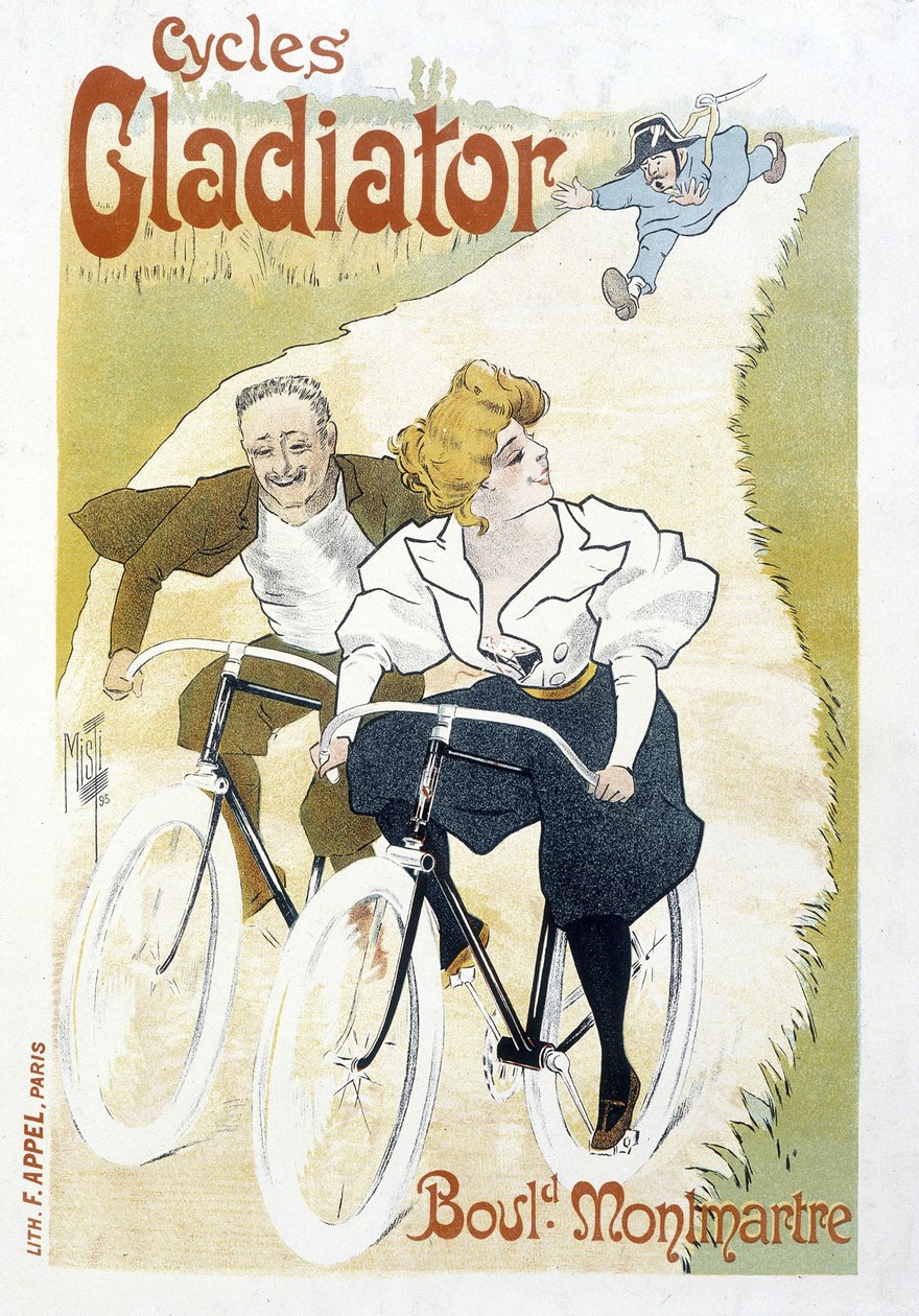 Cykelpar jagade av en konstabel - Reklam för Gladiatorcykler, av Misti, v.1895 av Ferdinand  Misti-Mifliez