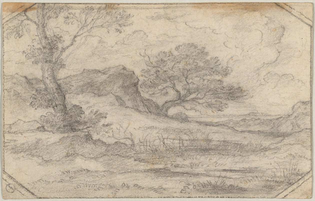 Idealiskt landskap med två träd och ett stenmassiv av Ferdinand (Johann Heinrich Ferdinand) von Olivier