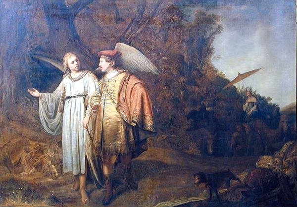 Tobias och ängeln Gabriel (olja på linne) av Ferdinand (attr.) Bol