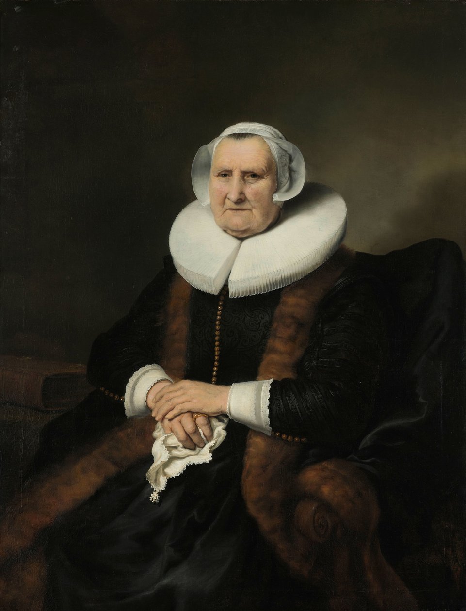 Porträtt av en gammal dam, möjligen Elisabeth Bas Porträtt av en gammal dam, möjligen Elisabeth Jacobsdr Bas (1571-1649), änka efter Jochem Hendricksz Swartenhont av Ferdinand Bol (attributed to)