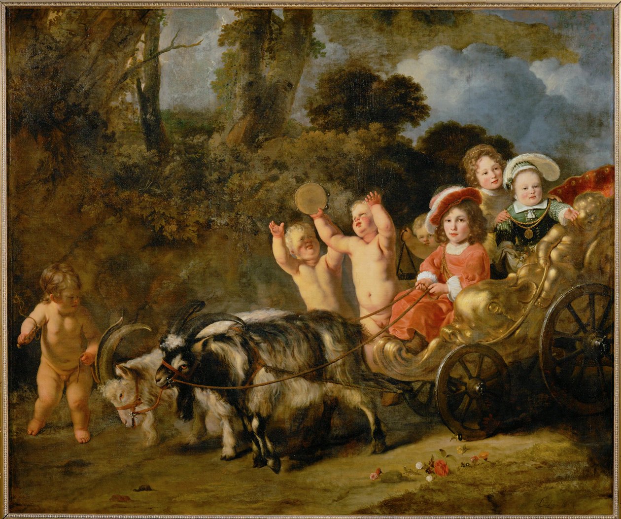 Aristokratiska barn i en vagn dragen av getter (målning på duk) av Ferdinand Bol