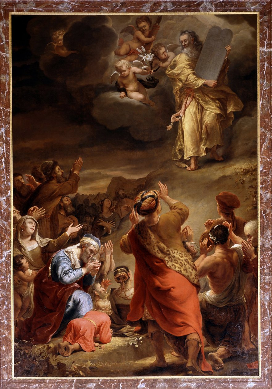 Moses stiger ner från berget Sinai med de tio budorden par Bol, Ferdinand (1616-1680). Olja på duk, storlek: 423x284 av Ferdinand Bol