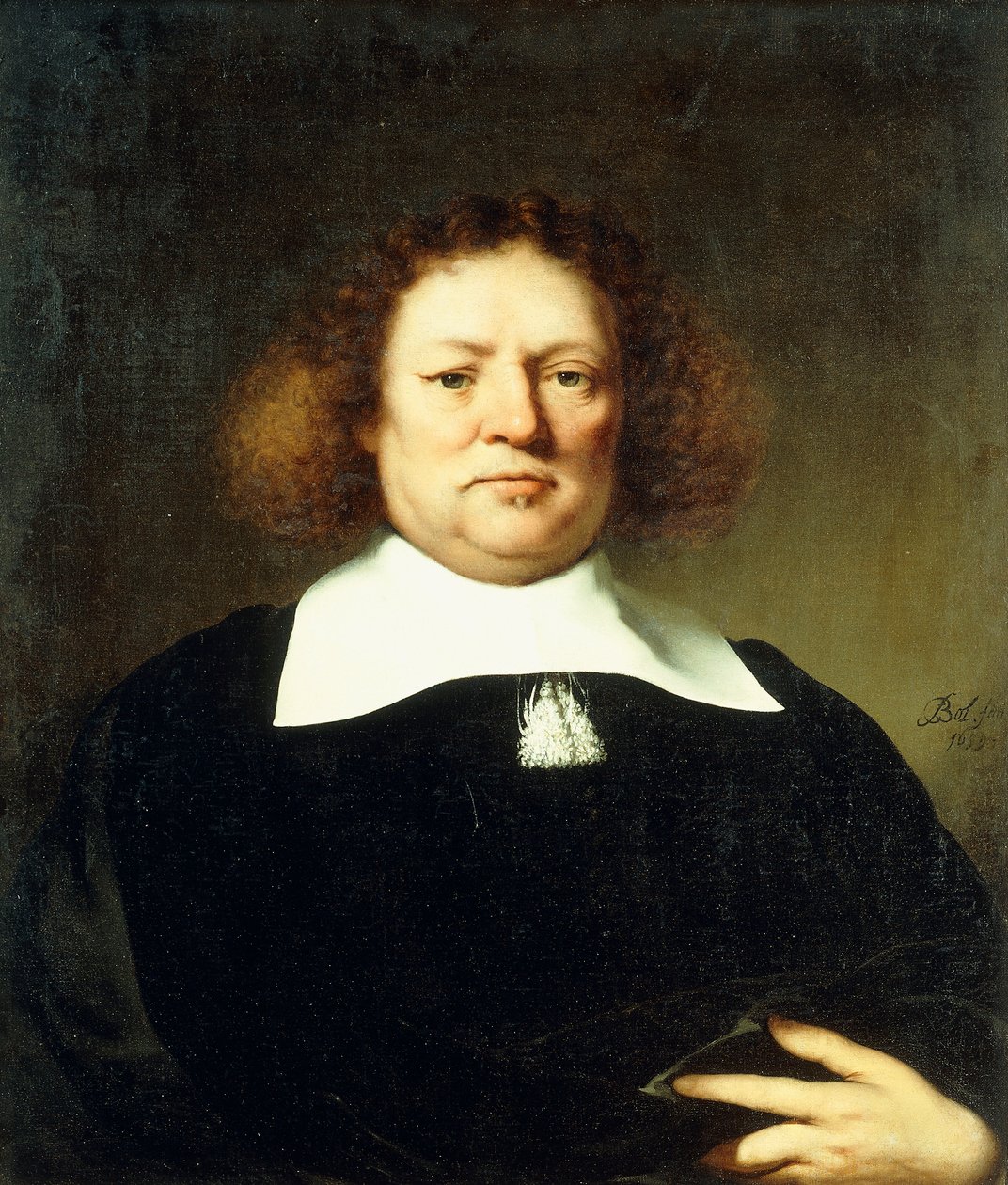 Porträtt av en gentleman, sagt till e Lord Hebdon, halvlångt, iklädd svart kostym och vit krage, 1659 av Ferdinand Bol