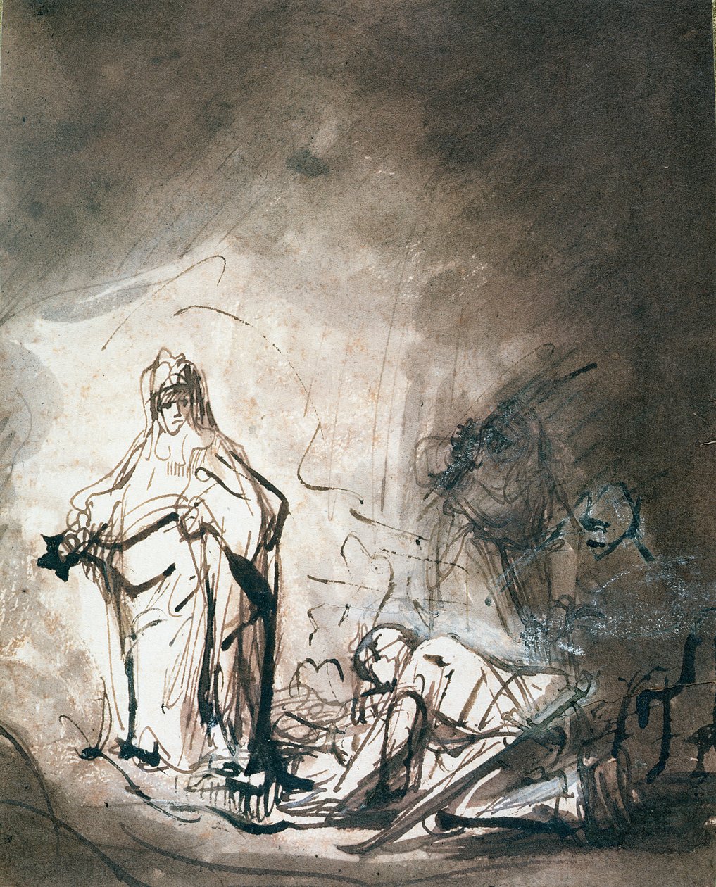 Saul och häxan från Endor (penna- och bläcktvätt på papper) av Ferdinand Bol
