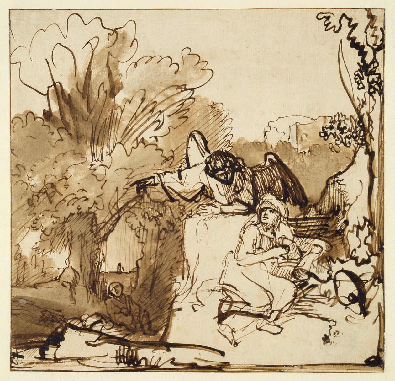 Ängeln som visar sig för Hagar och Ismael (penna och bläck och tvätt på papper) av Ferdinand Bol