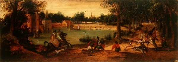 The Boar Hunt: Ett av ett par landskap av Ferdinand Bol