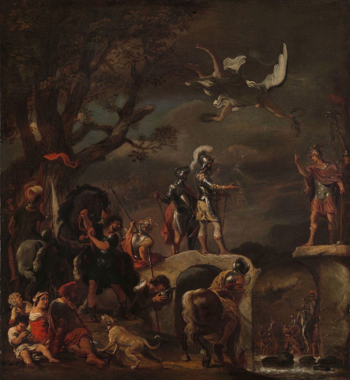 Fredsförhandlingarna mellan Claudius Civilis och Quintus Petillius Cerealis på den demolerade bron. av Ferdinand Bol