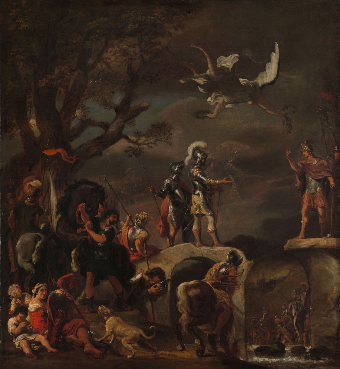 Fredsförhandlingarna mellan Claudius Civilis och Quintus Petillius Cerealis på den demolerade bron, 1658-62 av Ferdinand Bol