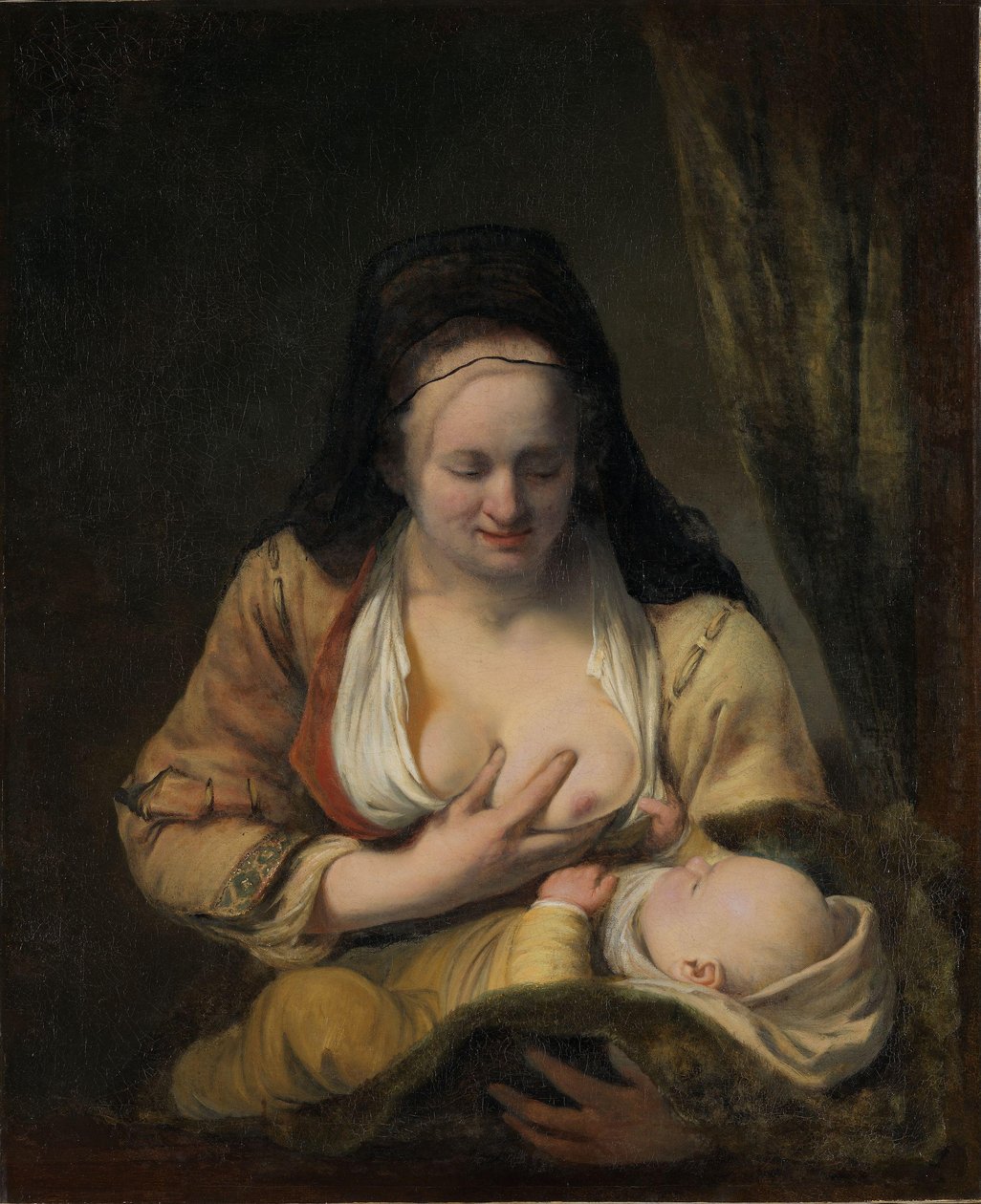 Kvinna som diar ett spädbarn (olja på duk) av Ferdinand Bol
