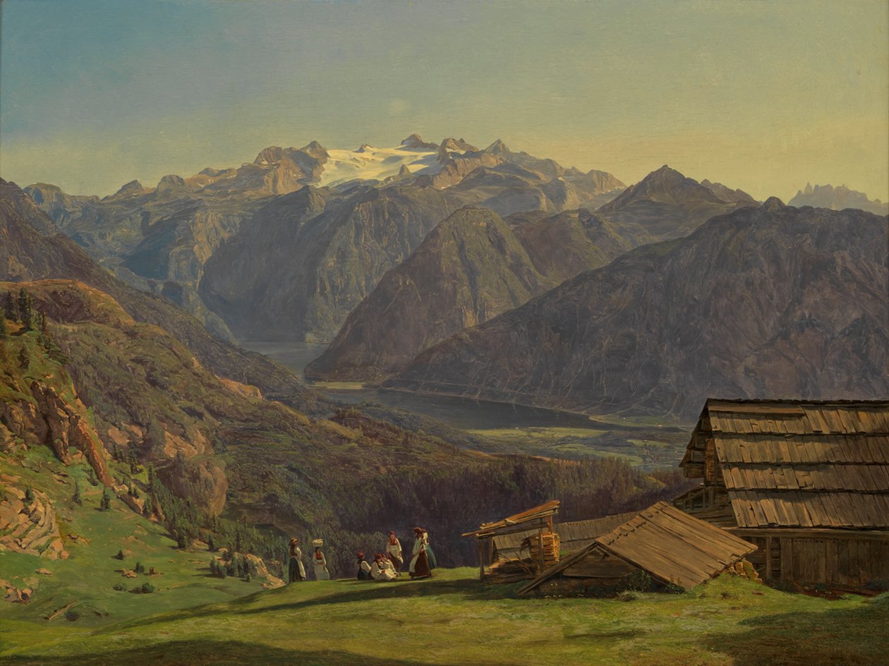 Utsikt över Dachstein och Hallstättersee från Hütteneckalpe nära Ischl av Ferdinand Georg Waldmüller