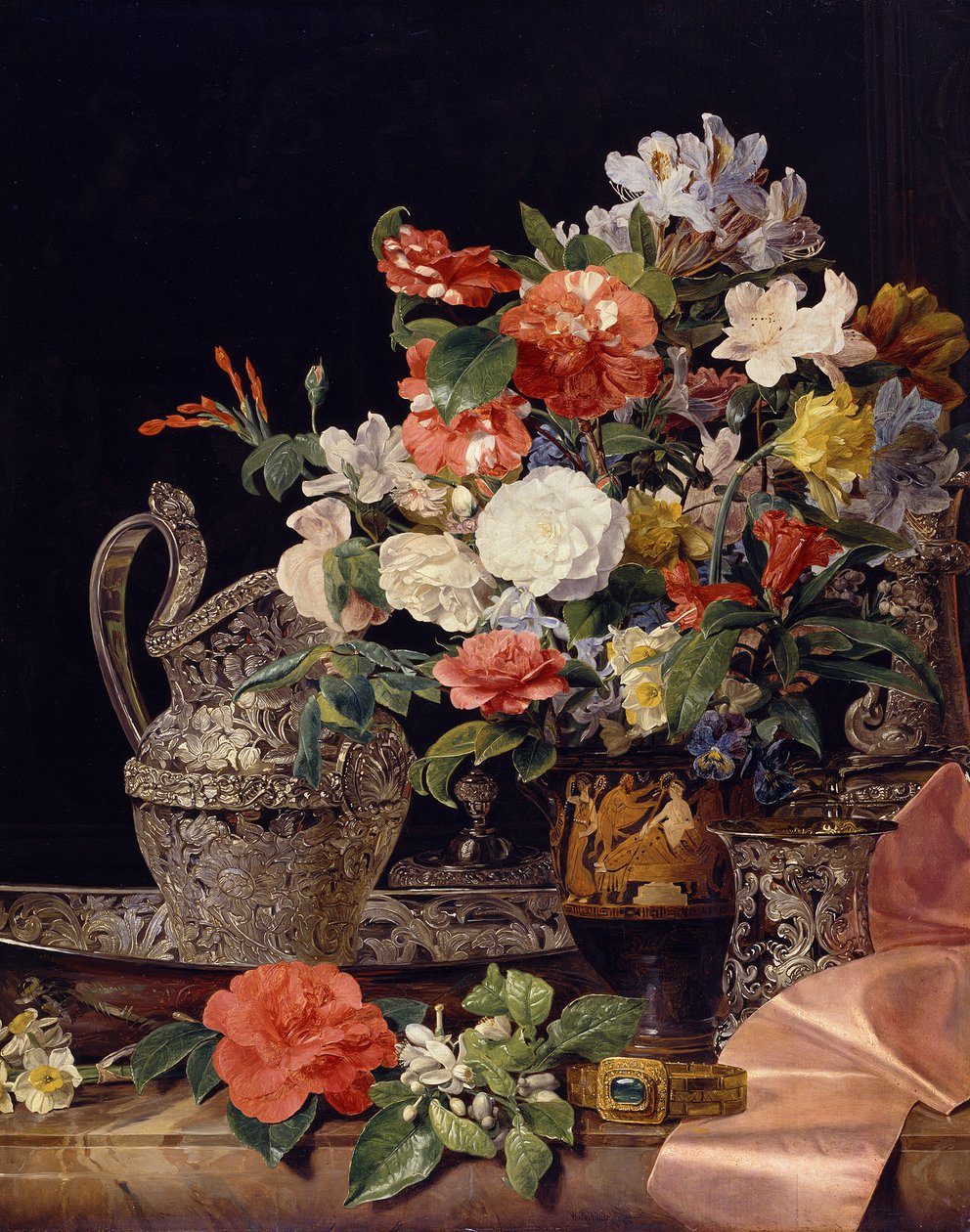 Blombukett med silverkärl och antik vas av Ferdinand Georg Waldmüller