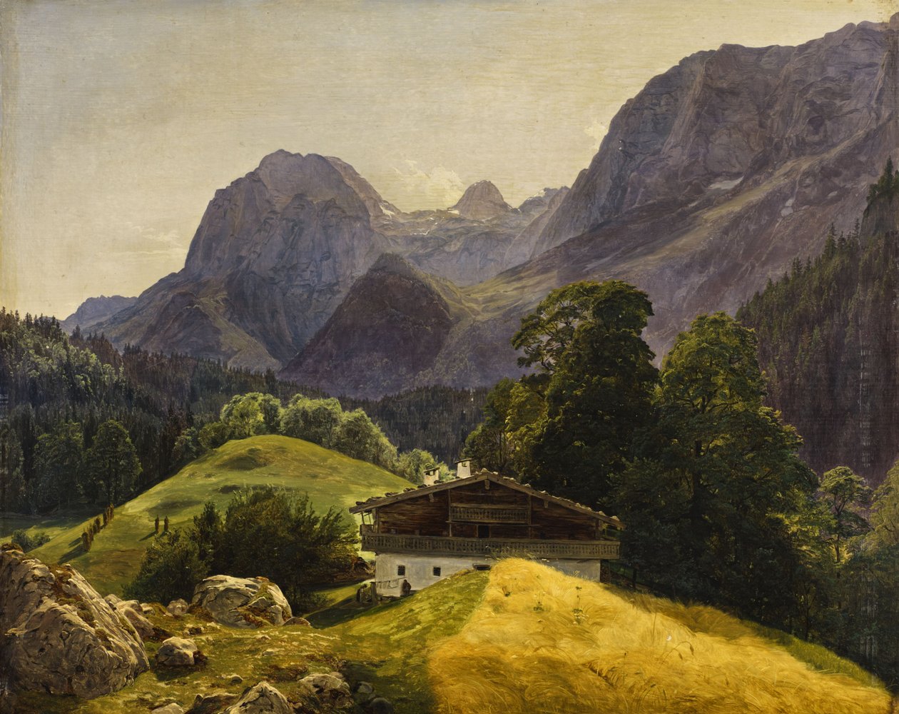 Taubensee med Steinberg i Ramsau nära Berchtesgaden, utsikt mot Reiteralpe av Ferdinand Georg Waldmuller