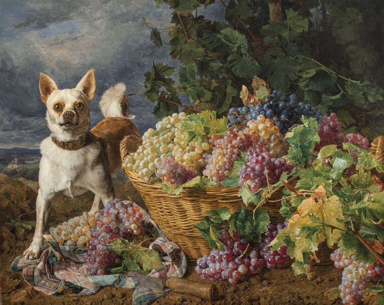 Hund vaktar en korg med druvor med utsikt över Heiligenstadt och Donau i fjärran av Ferdinand Georg Waldmuller
