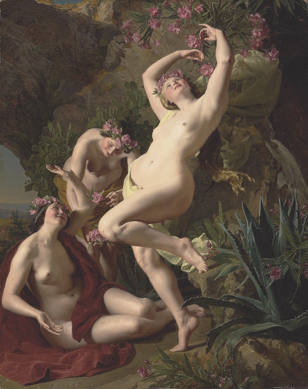 Tyska: Die drei Nymphen des Homeros Tre gracer kransade med rosor av Ferdinand Georg Waldmuller