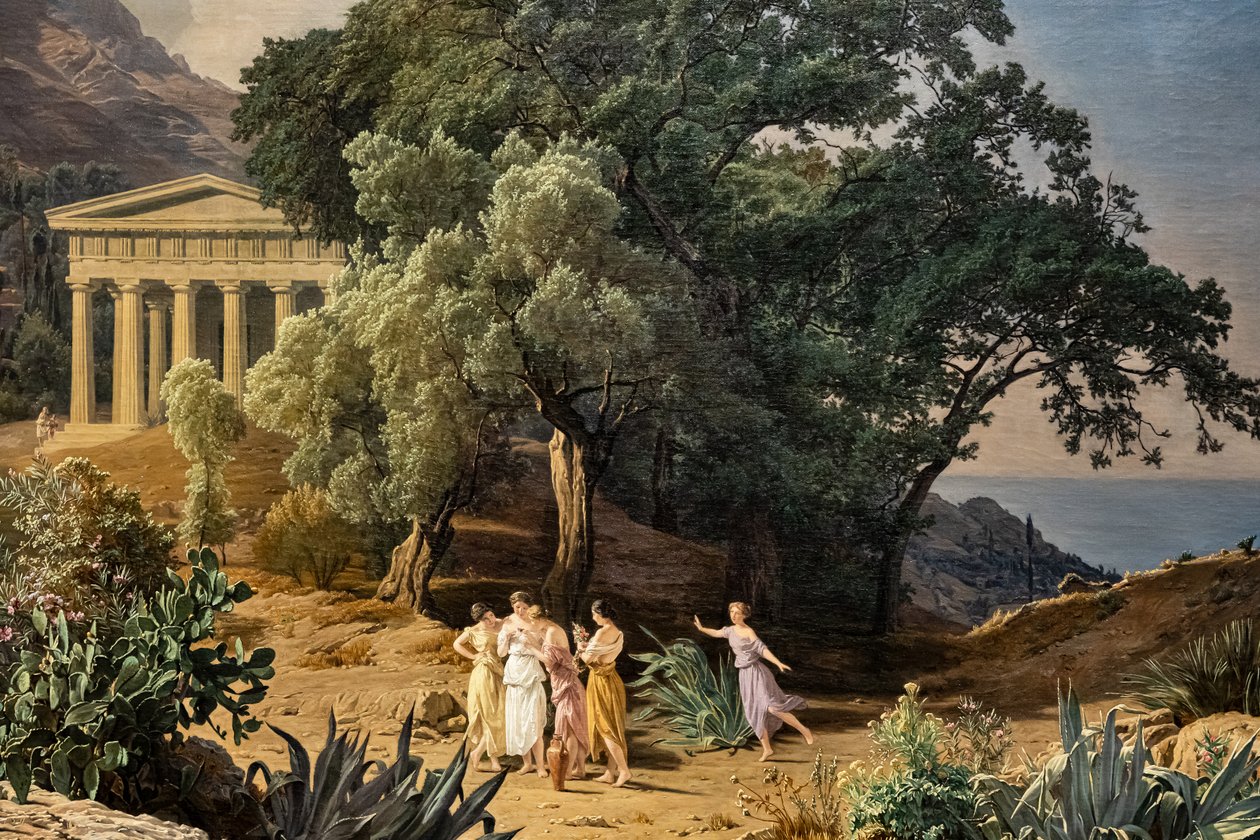 Ett doriskt tempel med Castelmola och Taormina i bakgrunden av Ferdinand Georg Waldmuller