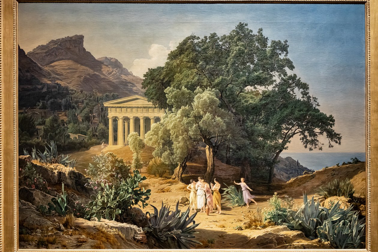 Ett doriskt tempel med Castelmola och Taormina i bakgrunden av Ferdinand Georg Waldmuller