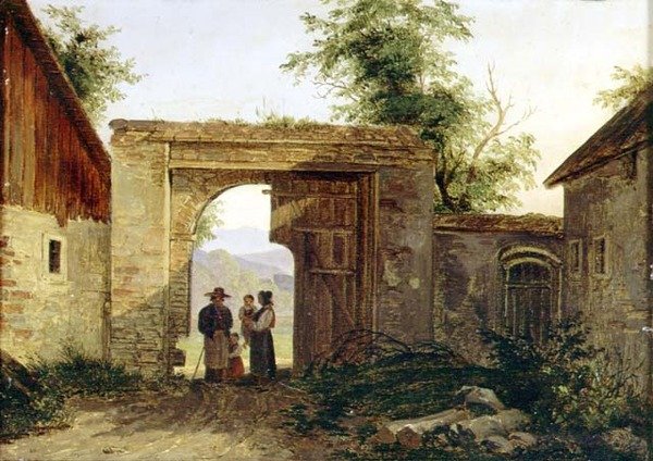 En gård med bönder vid en port av Ferdinand Georg Waldmuller