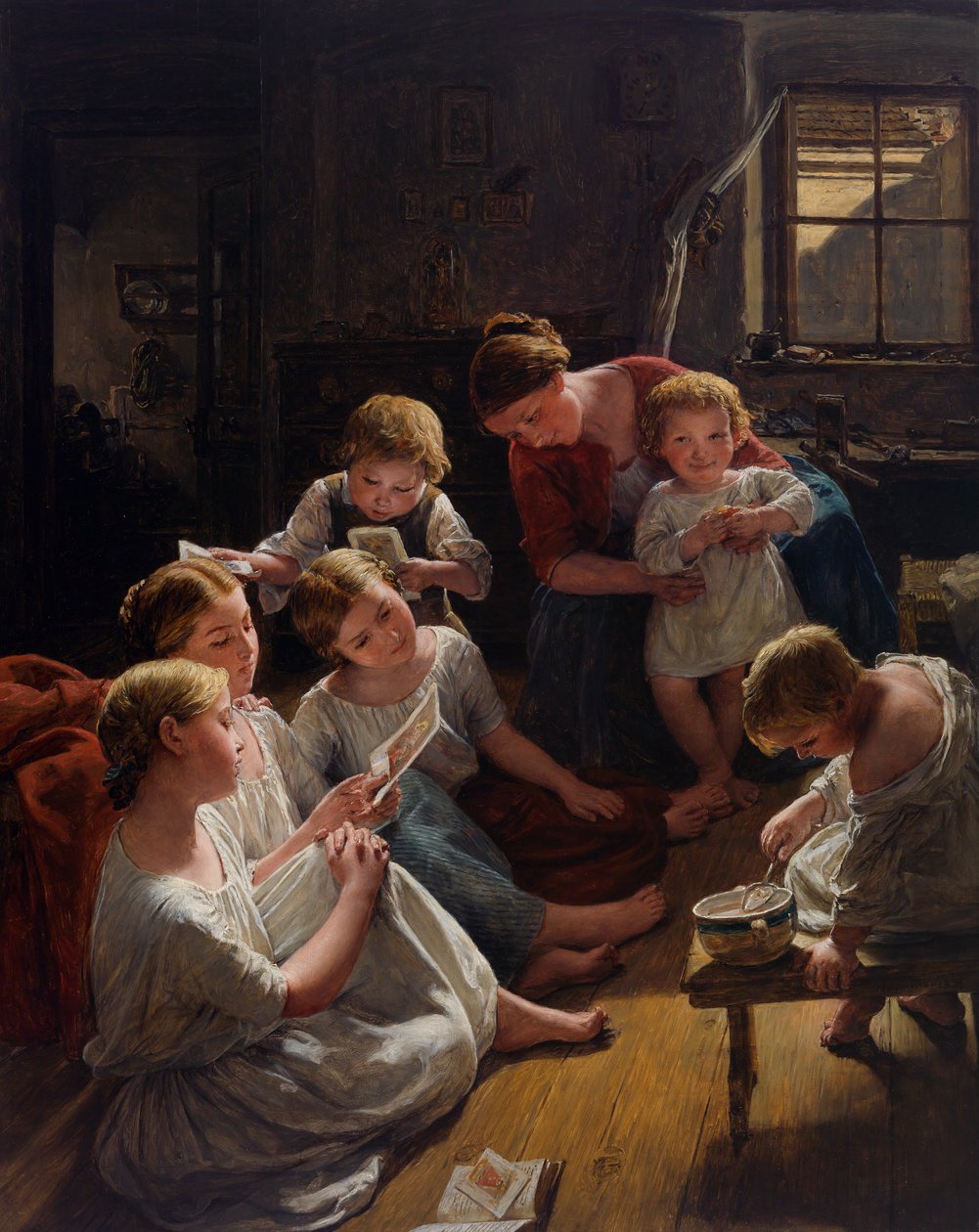 Des enfants, au matin, regardant des images - Barn på morgonen tittar på bilder, av Waldmuller, Ferdinand Georg (1793-1865). Olja på trä av Ferdinand Georg Waldmuller