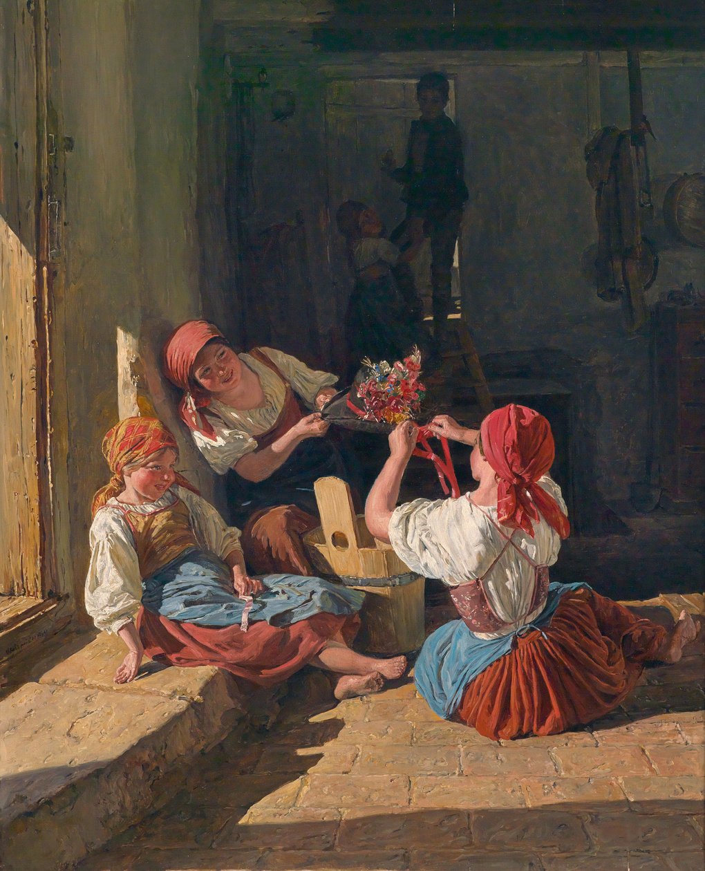 Barn som dekorerar en värnpliktigs hatt. Målning av Ferdinand Georg Waldmuller (1793-1865), olja på trä av Ferdinand Georg Waldmuller