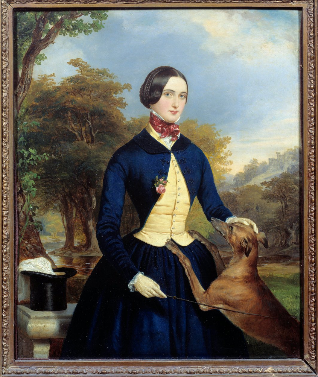 Porträtt av en kvinna i en Amazonas med sin hund. Målning av Ferdinand Waldmuller (1793-1865) Ec. Aut av Ferdinand Georg Waldmuller