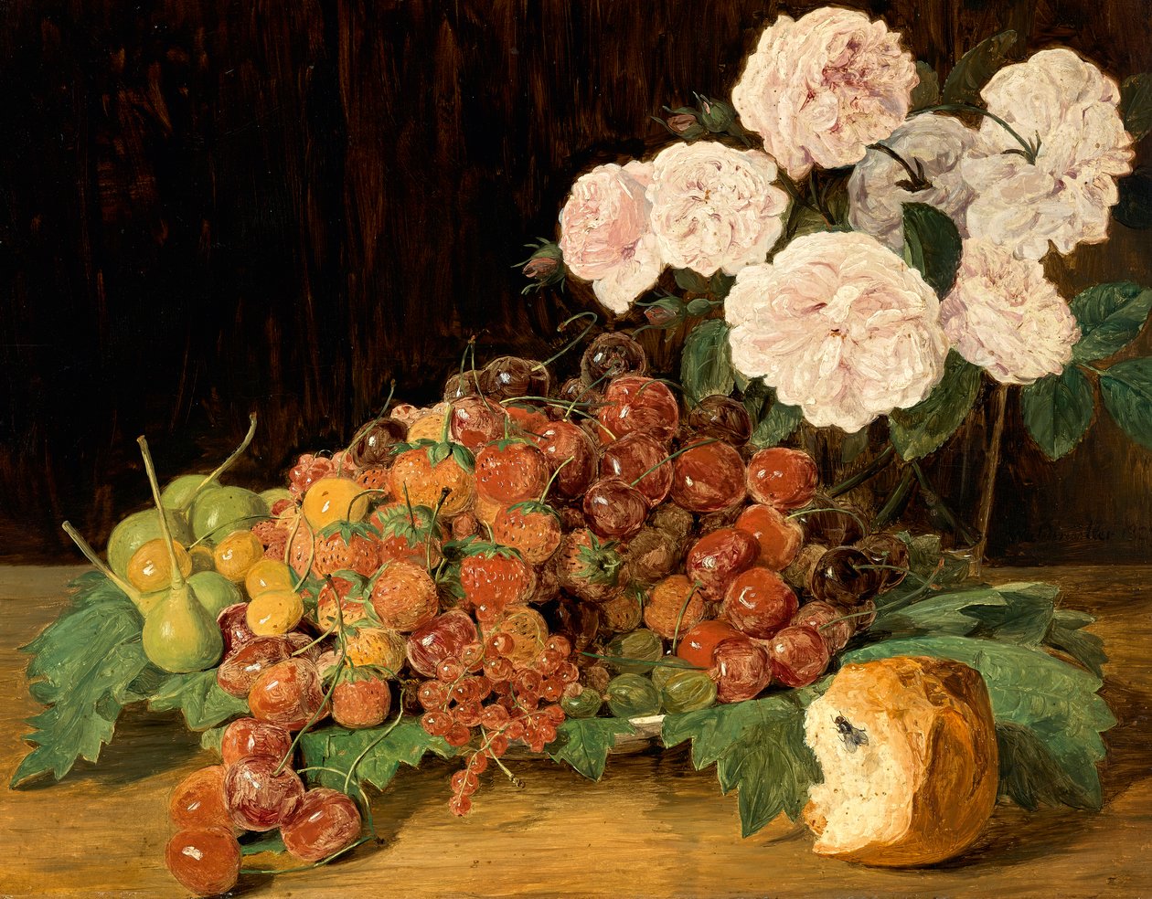 Stilleben med rosor, jordgubbar och bröd av Ferdinand Georg Waldmuller