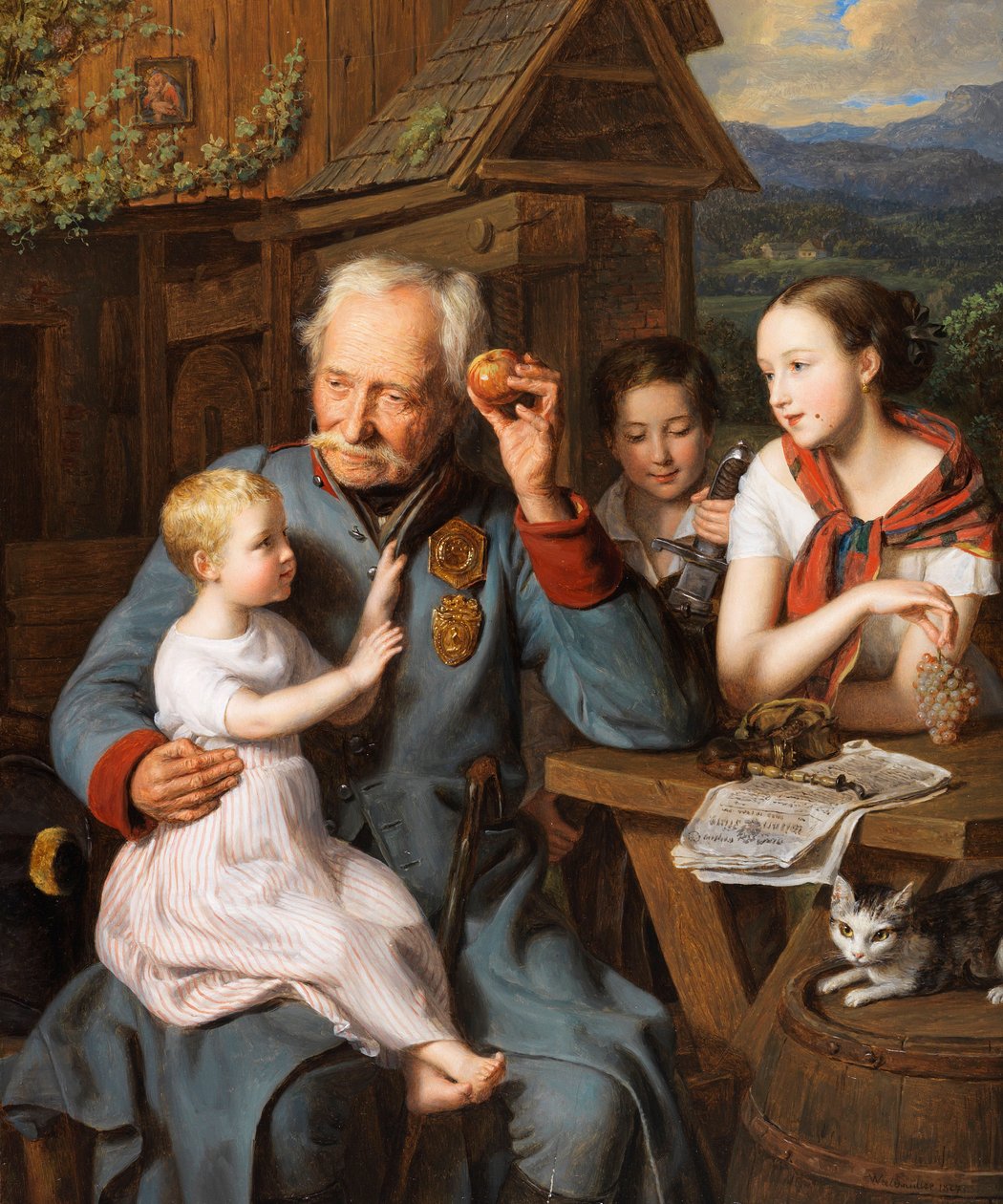 En gammal invalid med barn - En gammal invalid med barn, av Waldmueller, Ferdinand Georg (1793-1865). olja på trä av Ferdinand Georg Waldmuller