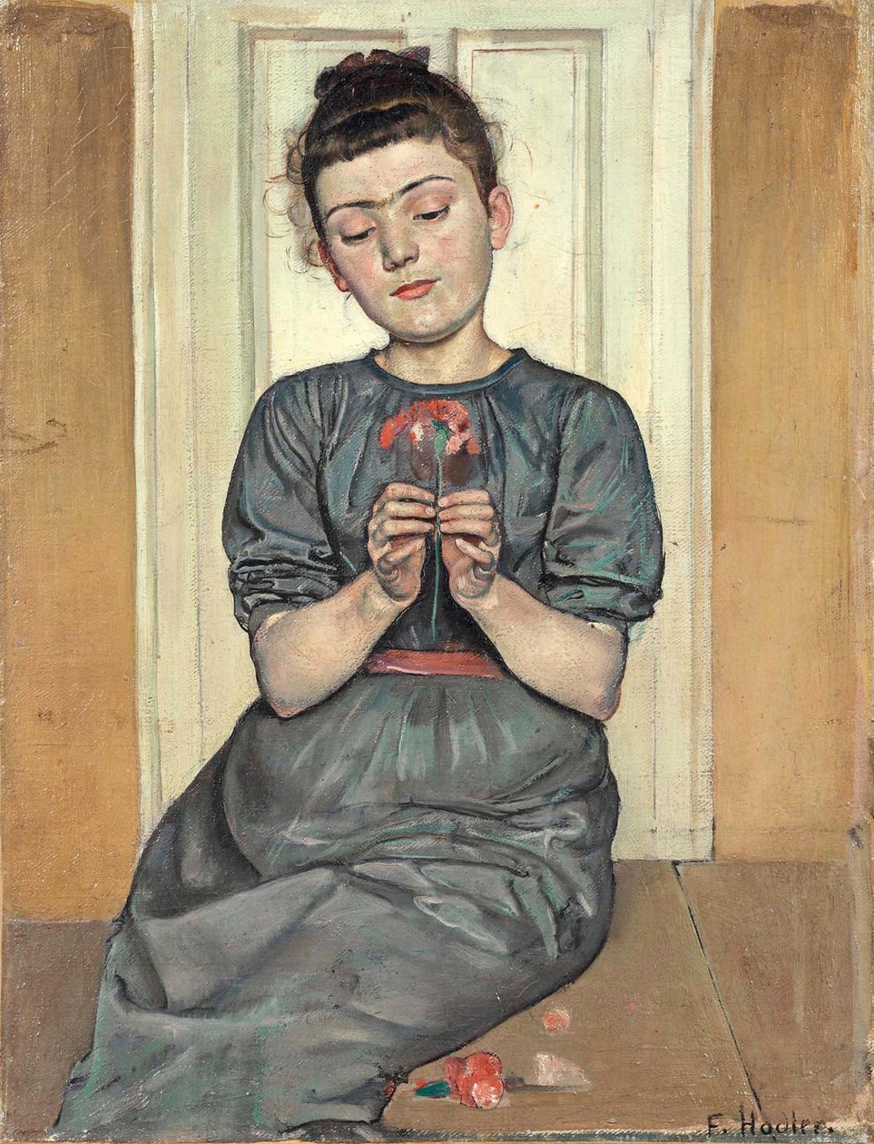 Flicka som arrangerar blommor Flicka med nejlika, ca. 1886 av Ferdinand Hodler