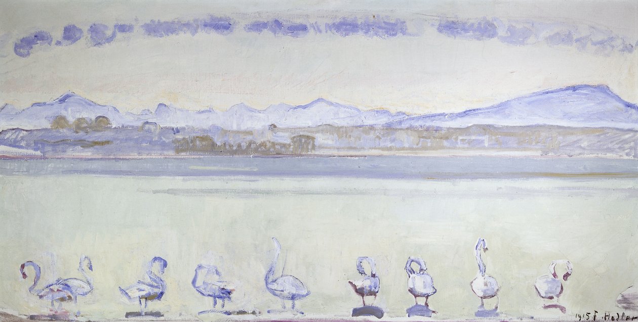 Nio svanar framför ett bergigt landskap; Genèves hamn, med nio svanar, från Quai du Mont Blanc, 1915 av Ferdinand Hodler