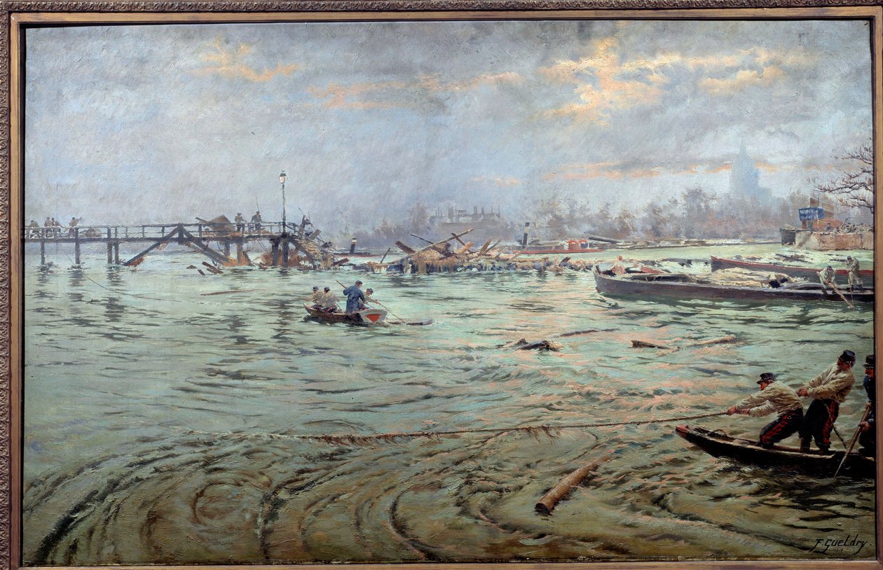 Utsikt över bron och vallen vid Estacaden i Paris under den stora översvämningen 1910 Målning av Ferdinand Joseph Gueldry (1858-1945) 1910. Paris, Musee Carnavalet. Försiktig! Användning av detta verk kan vara föremål för en begäran om tillstånd från tredj av Ferdinand Joseph Gueldry