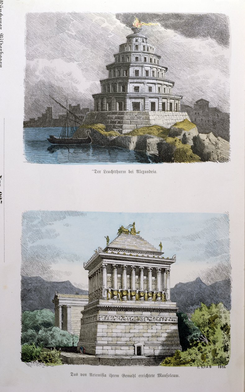 Den stora fyren i Alexandria och mausoleet i Halikarnassos, från en serie av "Världens sju underverk" som publicerades i "Munchener Bilderbogen", 1886. av Ferdinand Knab