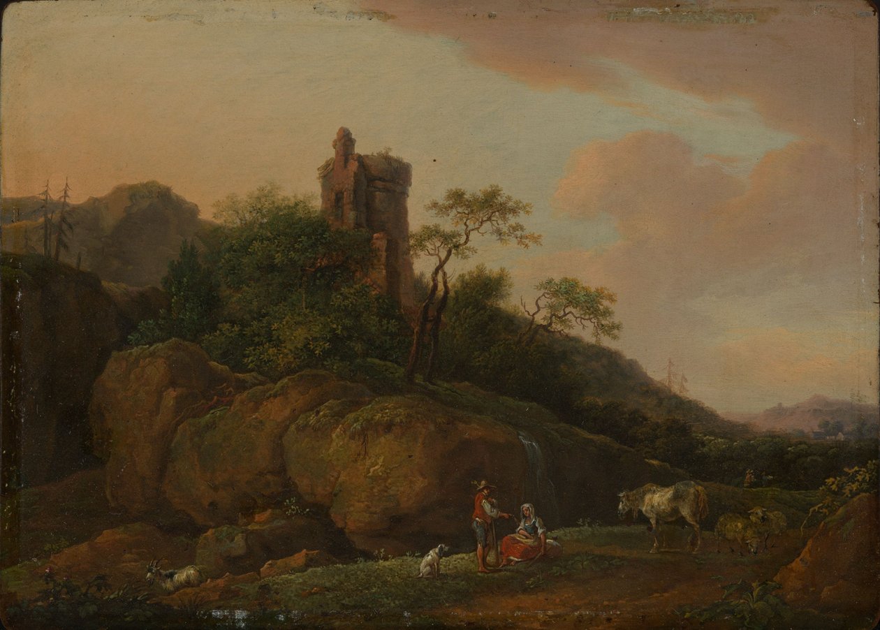 Borgsruin med herdar och hjord av Ferdinand Kobell