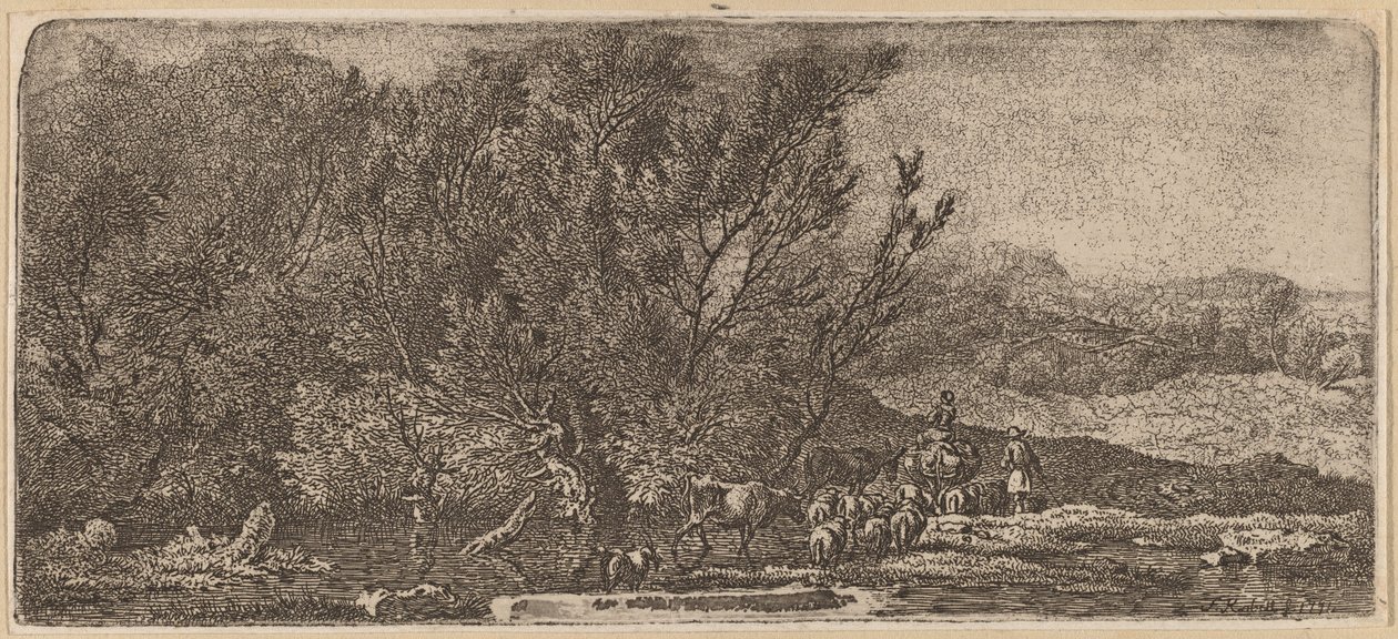 Herdar med sin flock som springer en bäck av Ferdinand Kobell