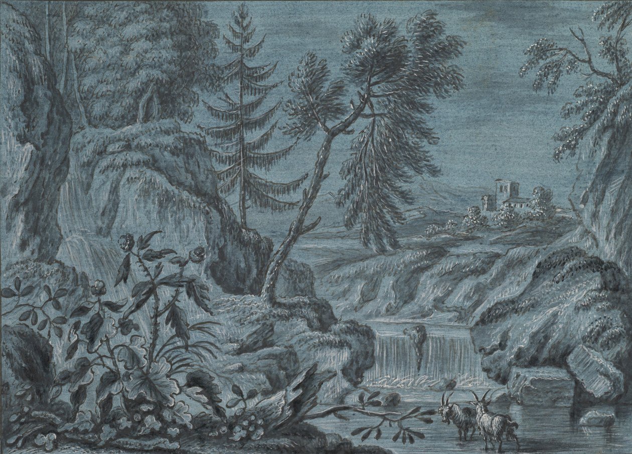 Södra landskap med vattenfall och getter, sent 1700-tal. av Ferdinand Kobell.