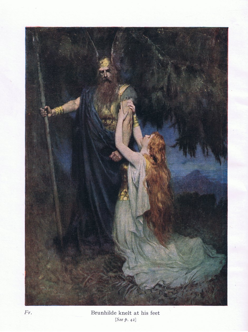 Brunhilde knäböjde vid hans fötter, illustration från The Stories of Wagners Operas pub. av George Harrap & Co Ltd 1932 av Ferdinand Lecke