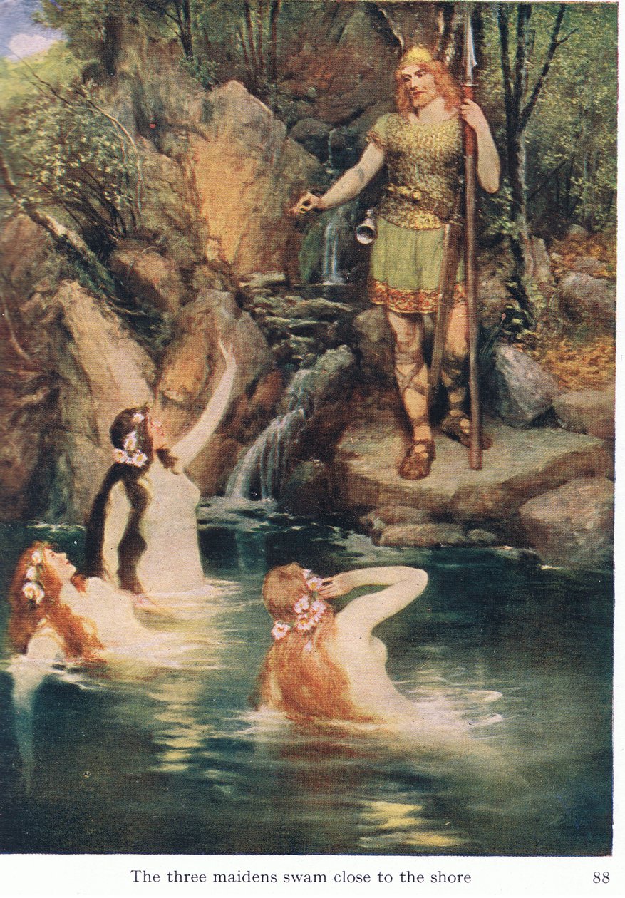 De tre jungfrurna simmade nära stranden, illustration från puben The Stories of Wagner