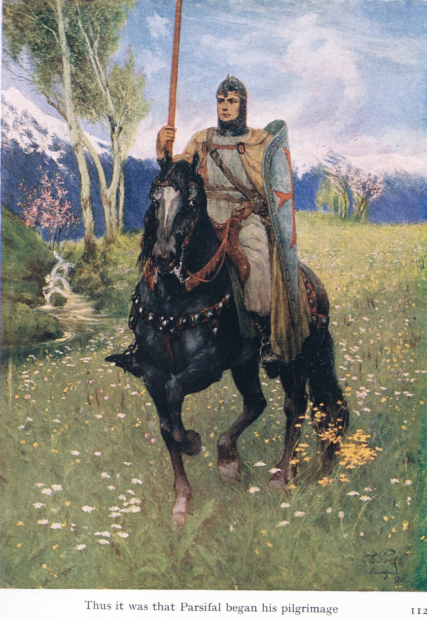 Så var det med Parsifal började sin pilgrimsfärd, illustration från The Stories of Wagners Operas pub. av George Harrap & Co Ltd 1932 av Ferdinand Lecke
