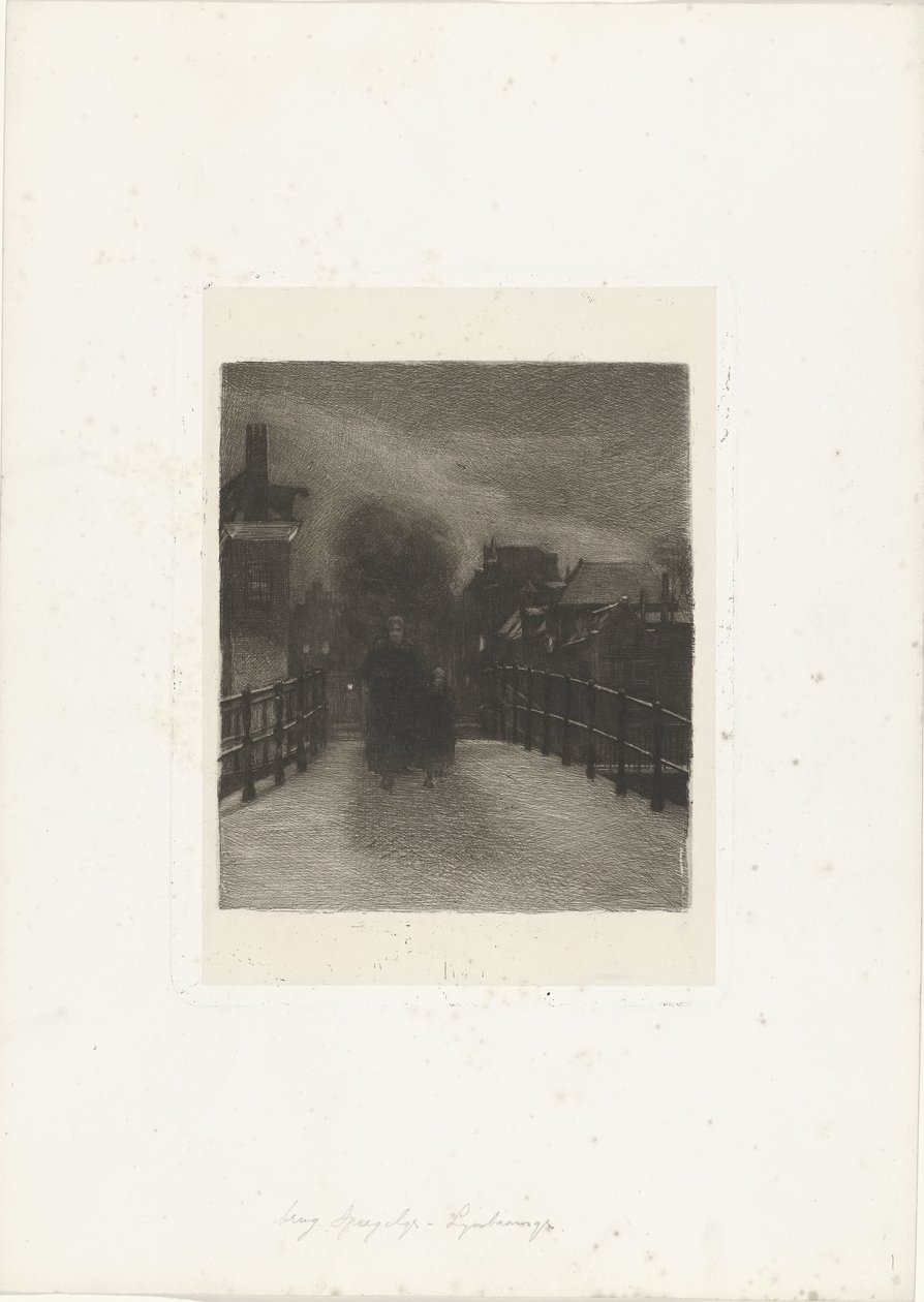 Gammal kvinna med barn på en bro Vinterkväll (titel på objekt) av Ferdinand Oldewelt (signed by artist)