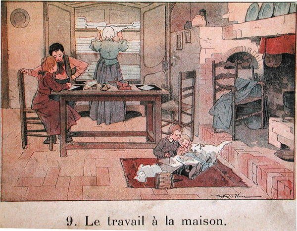 En kvällsarbete på landet, illustration till en skolbok, ca 1900 (färg litho) av Ferdinand Raffin