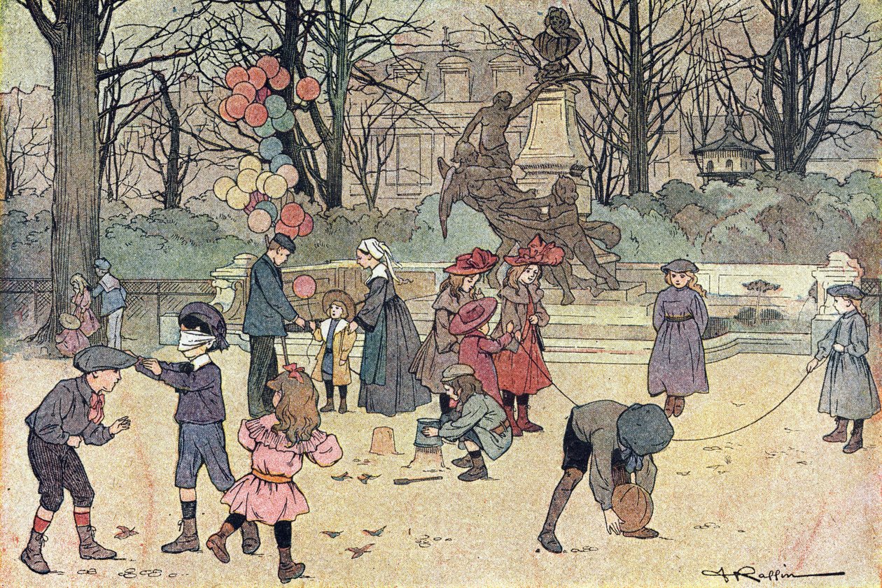 Spel med colin-aillard, hopprep, ballong och sand i den offentliga trädgården, i Imagier de l
