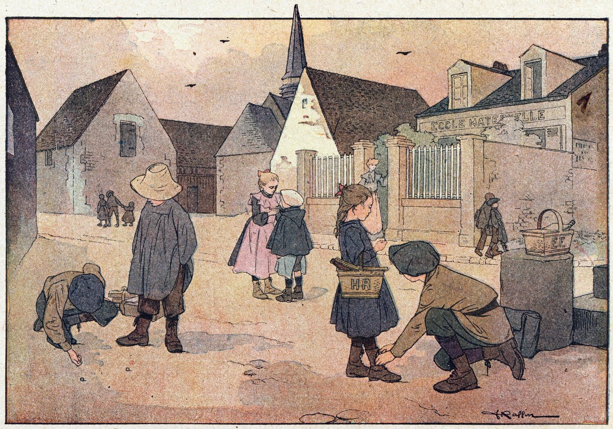 Utanför skolan, i barndomens bilderbok, ca 1900 (gravyr) av Ferdinand Raffin